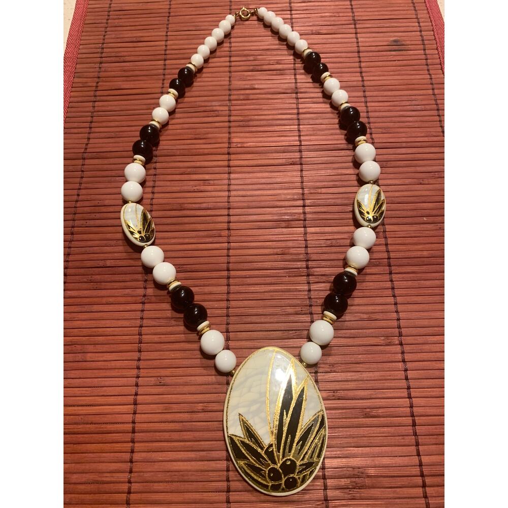 Beautiful Vintage Beaded Statement Necklace With Large Ceramic Pendant Japan